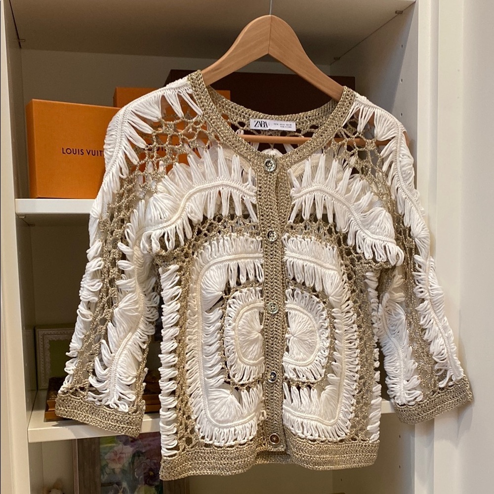 Zara White and Beige with Gold sparkle Crochet Cardigan!  NEW!​​